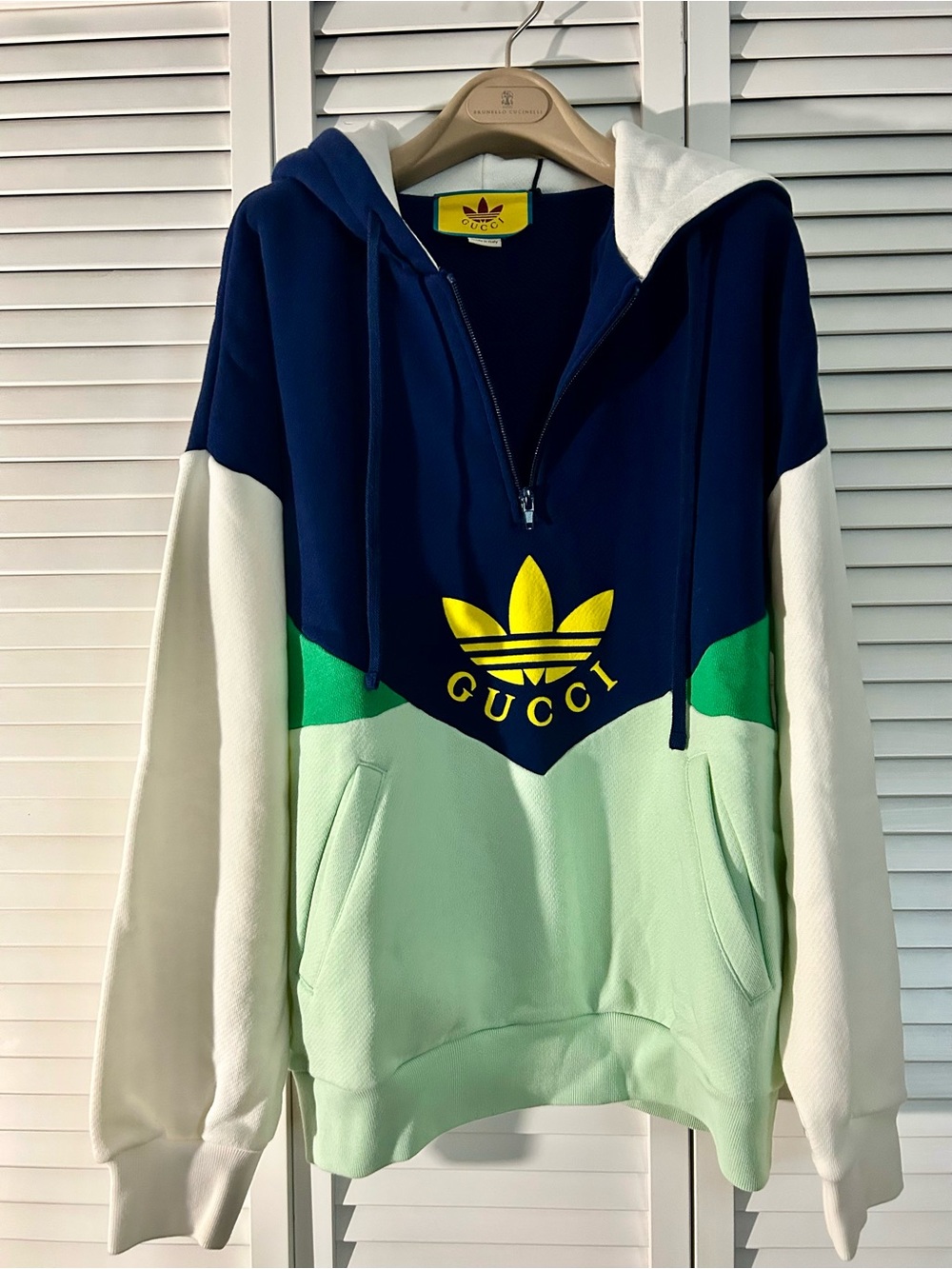 Gucci Navy, Mint & White Half-Zip Hoodie with Yellow Logo